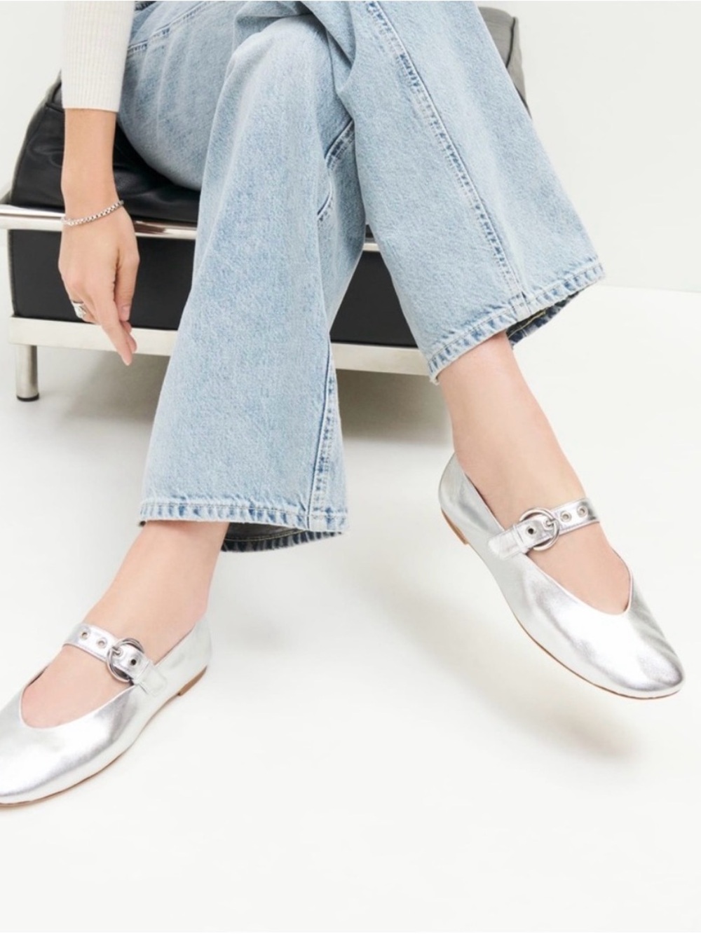 Reformation Metallic Silver Buckle Mary Jane Flats